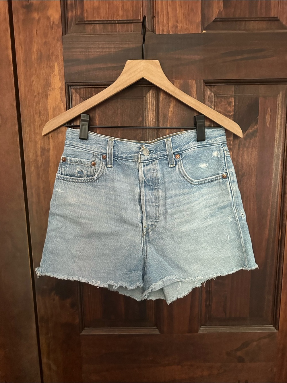 Levi’s High-Rise Light Blue Denim Shorts with Frayed Hem